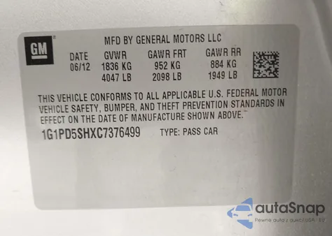 2012 Chevrolet Cruze Ls from USA, damaged, VIN 1G1PD5SHXC7376499